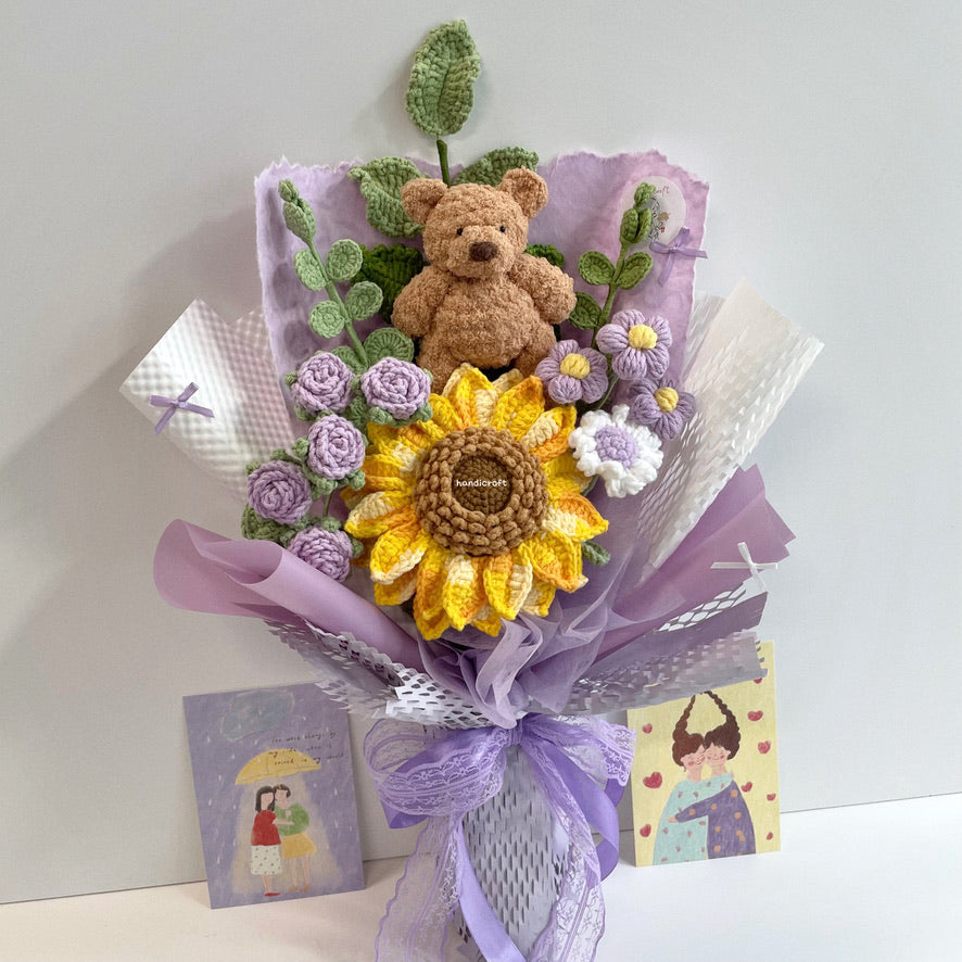 handicroft handmade crochet bear sunflower bouquet beary sunshine purple