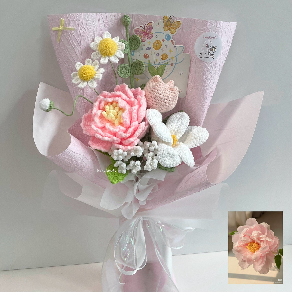 handicroft handmade crochet big pink peony flower bouquet peony love letter