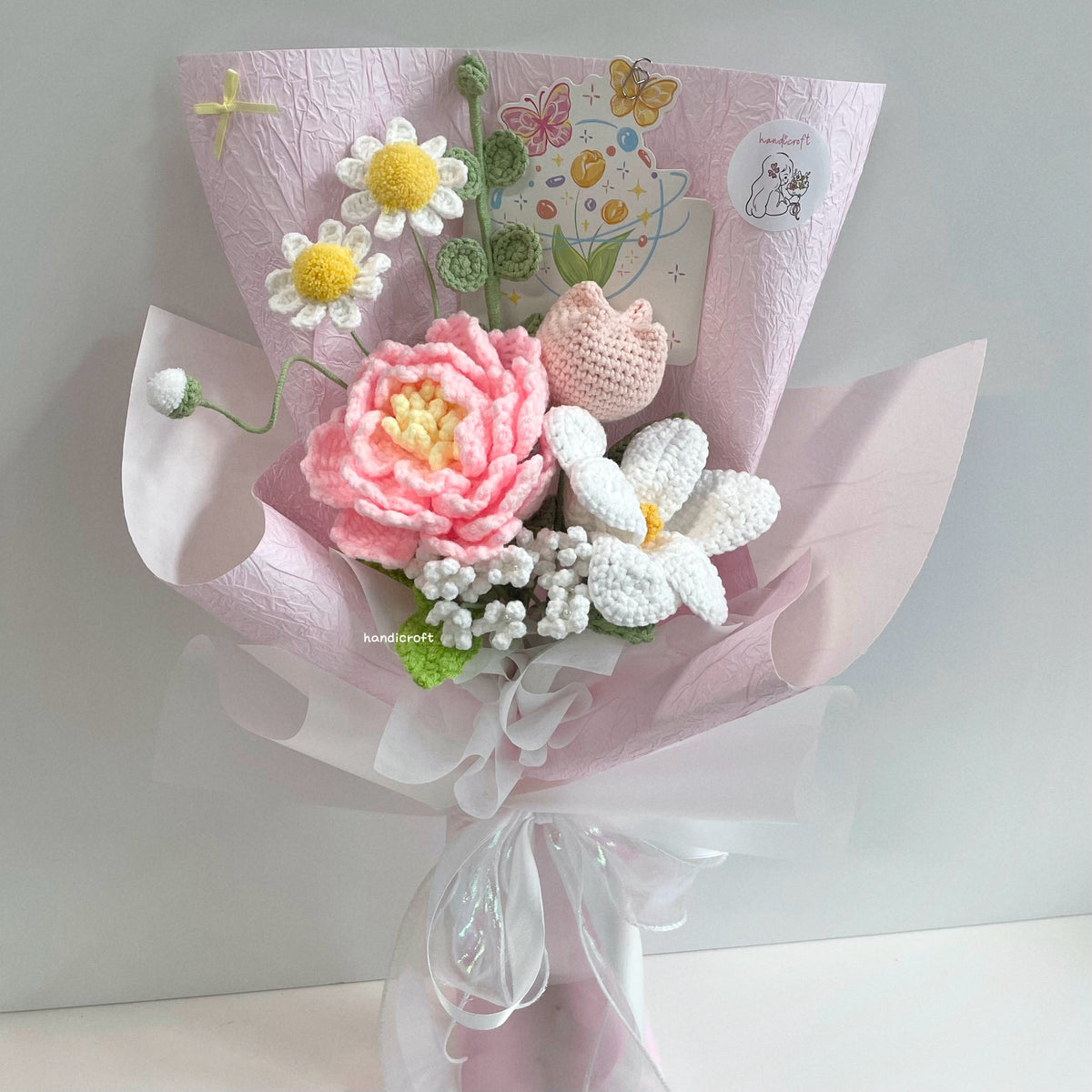 handicroft handmade crochet big pink peony flower bouquet peony love letter