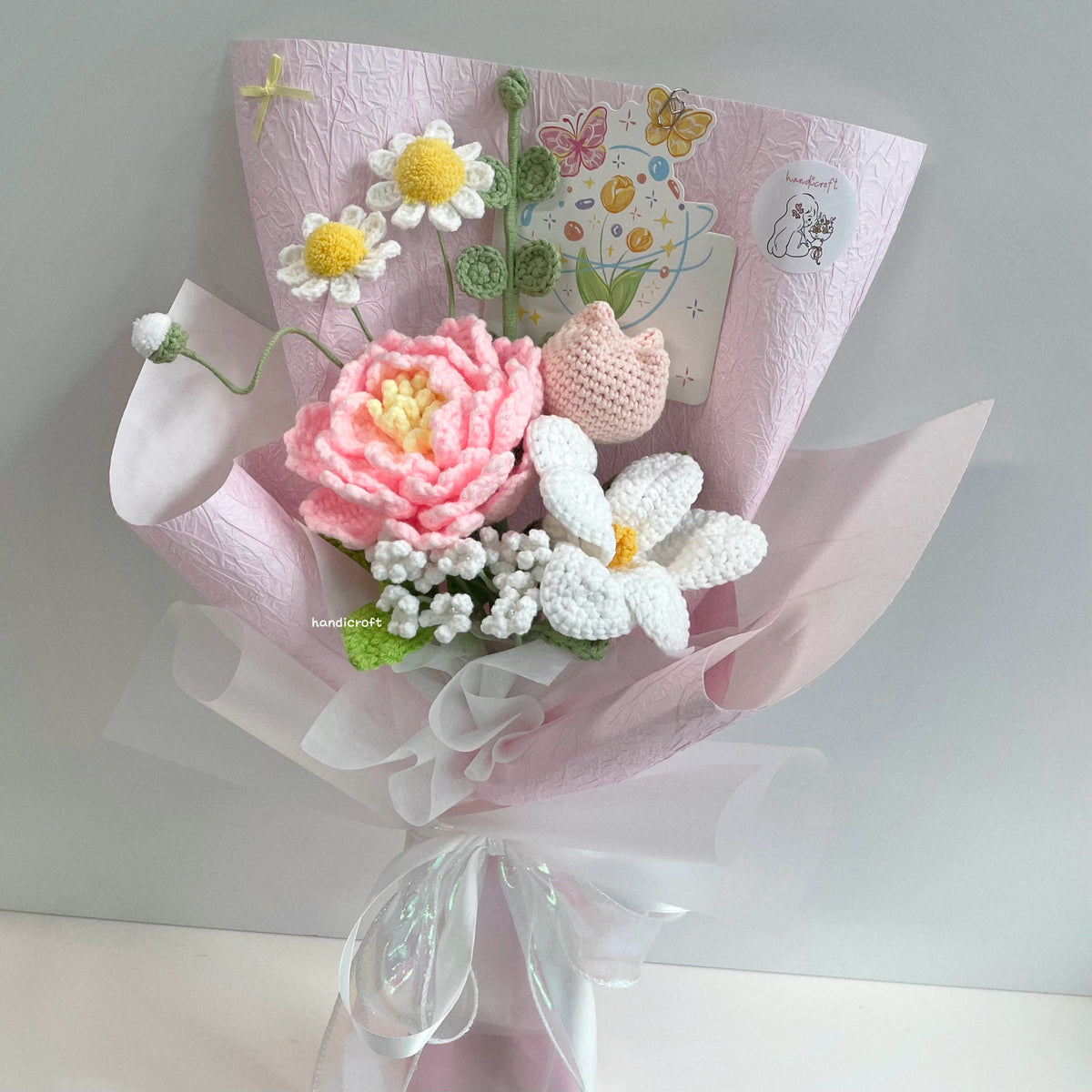 handicroft handmade crochet big pink peony flower bouquet peony love letter