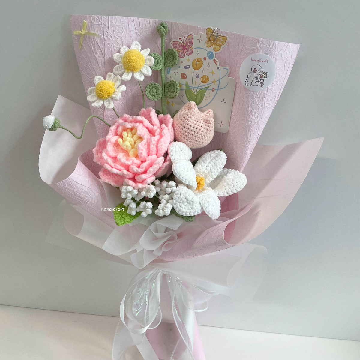 handicroft handmade crochet big pink peony flower bouquet peony love letter