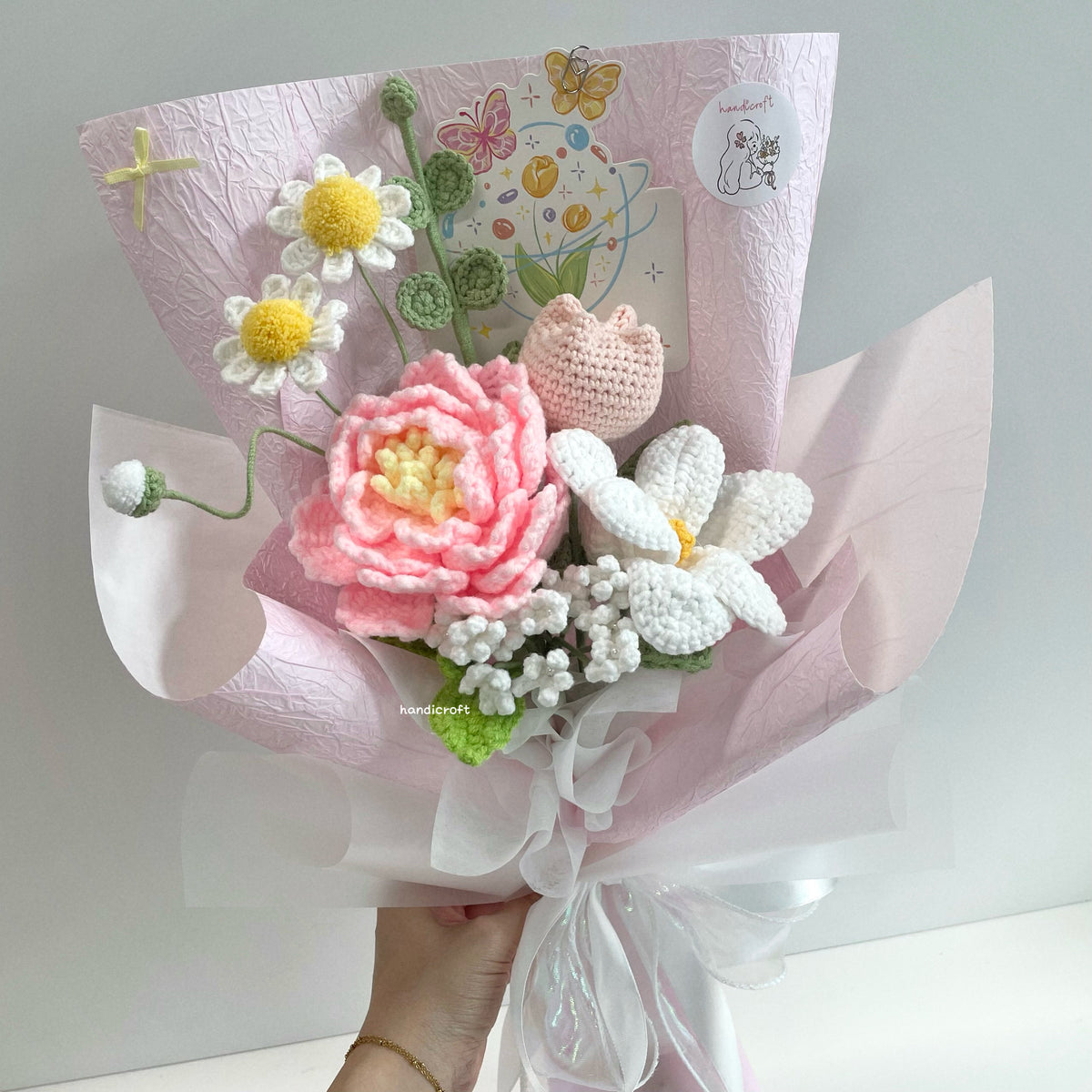 handicroft handmade crochet big pink peony flower bouquet peony love letter