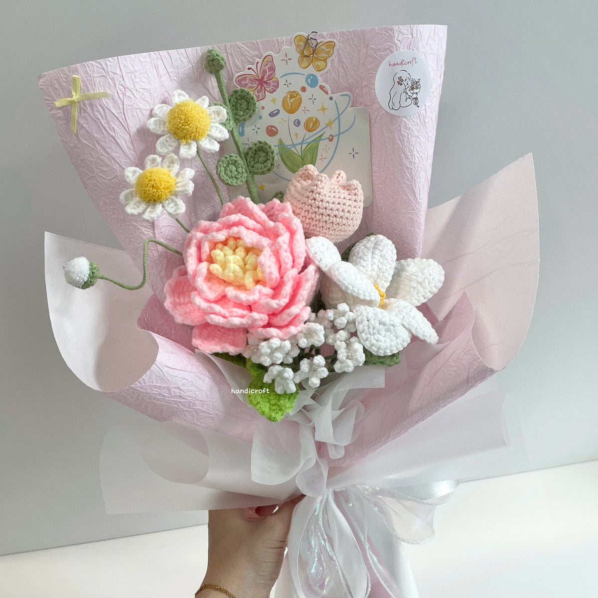 handicroft handmade crochet big pink peony flower bouquet peony love letter