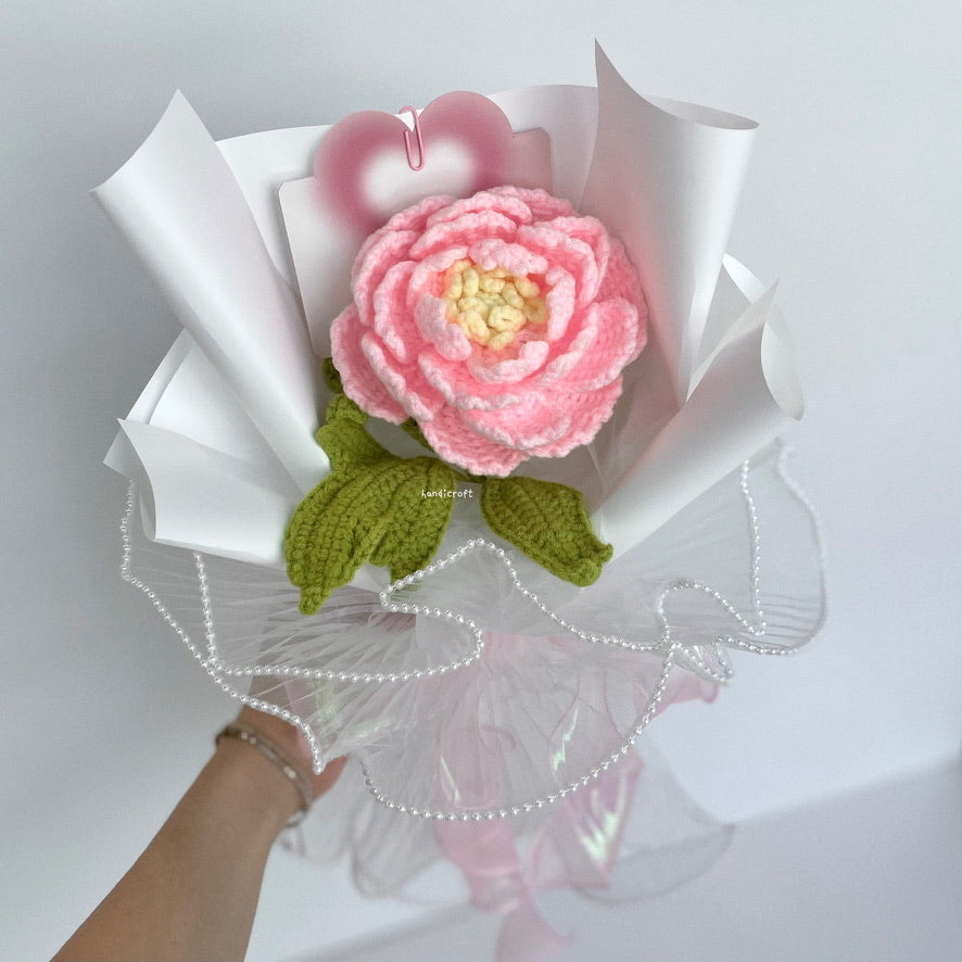 handicroft handmade crochet big pink peony flower bouquet peony promise
