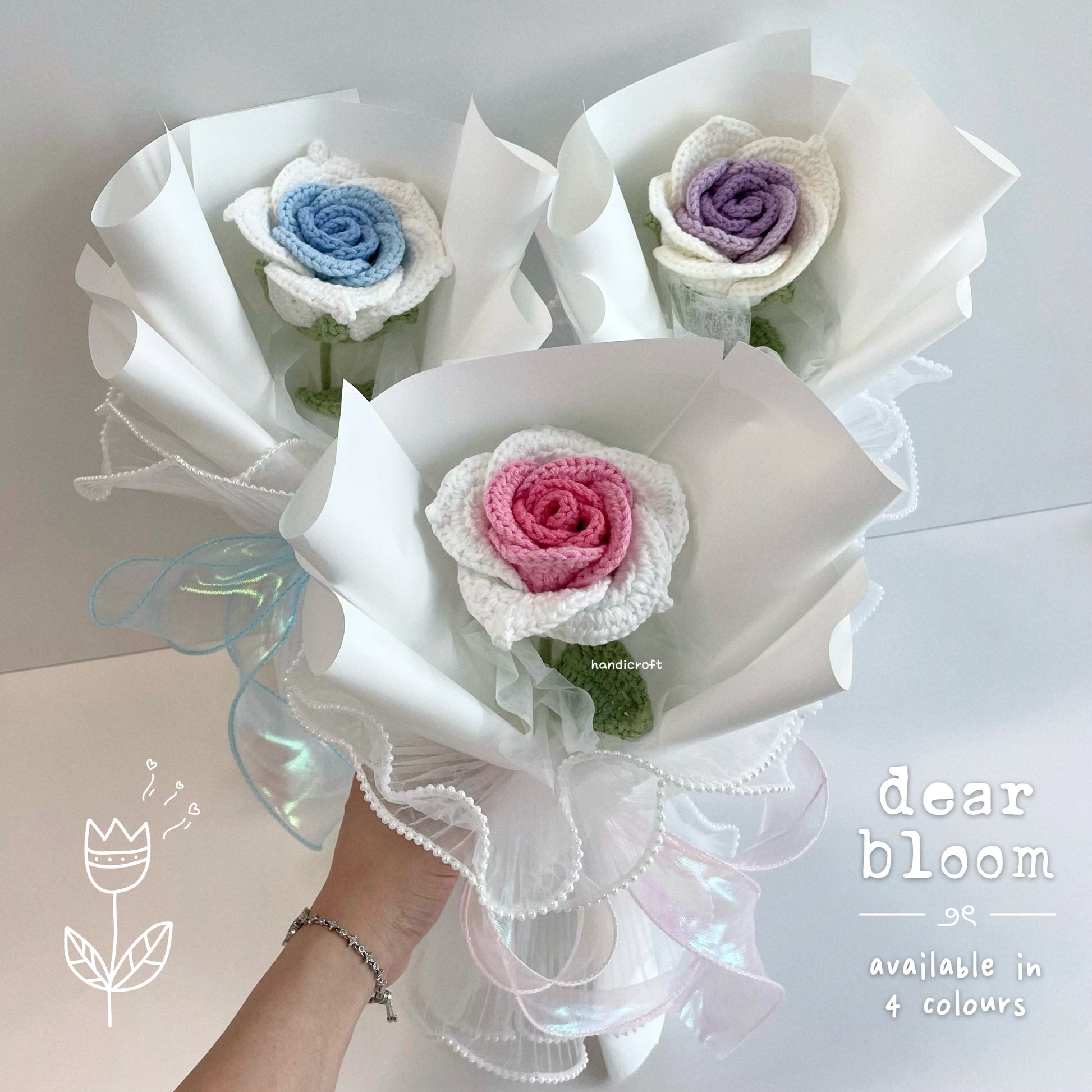handicroft handmade crochet big thai rose flower bouquet dear bloom