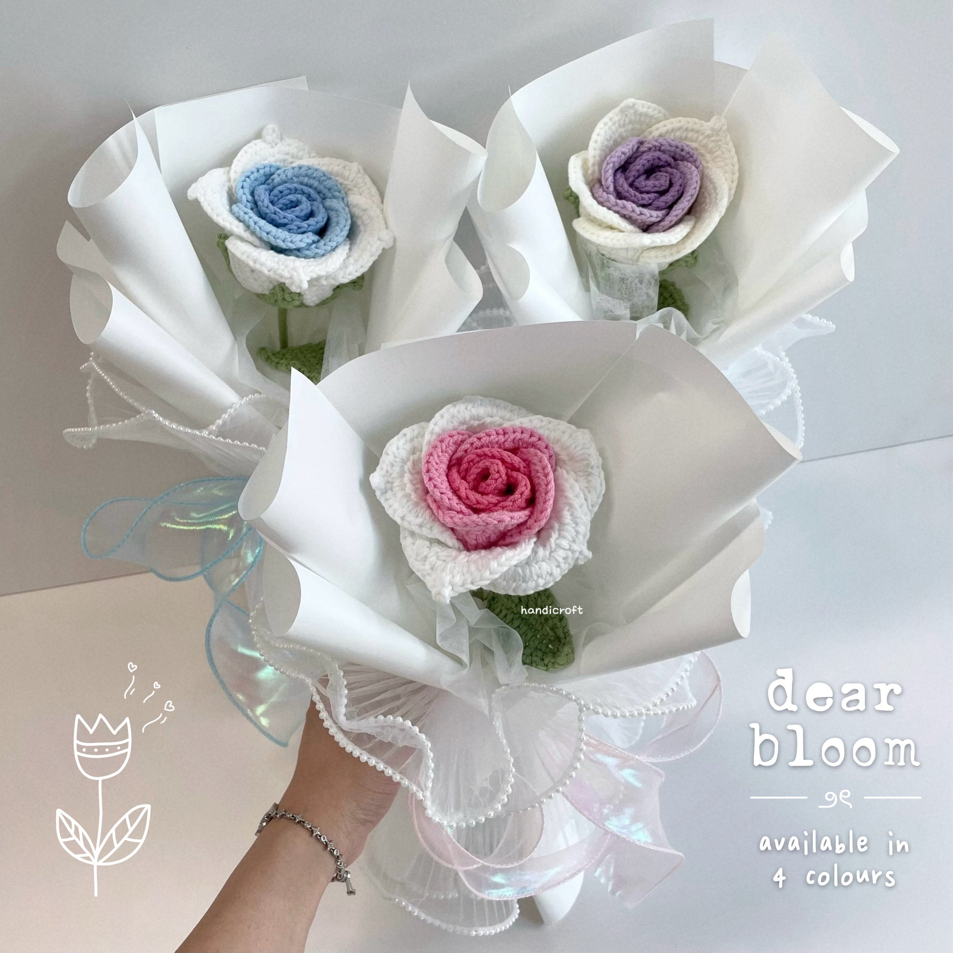 handicroft handmade crochet big thai rose flower bouquet dear bloom
