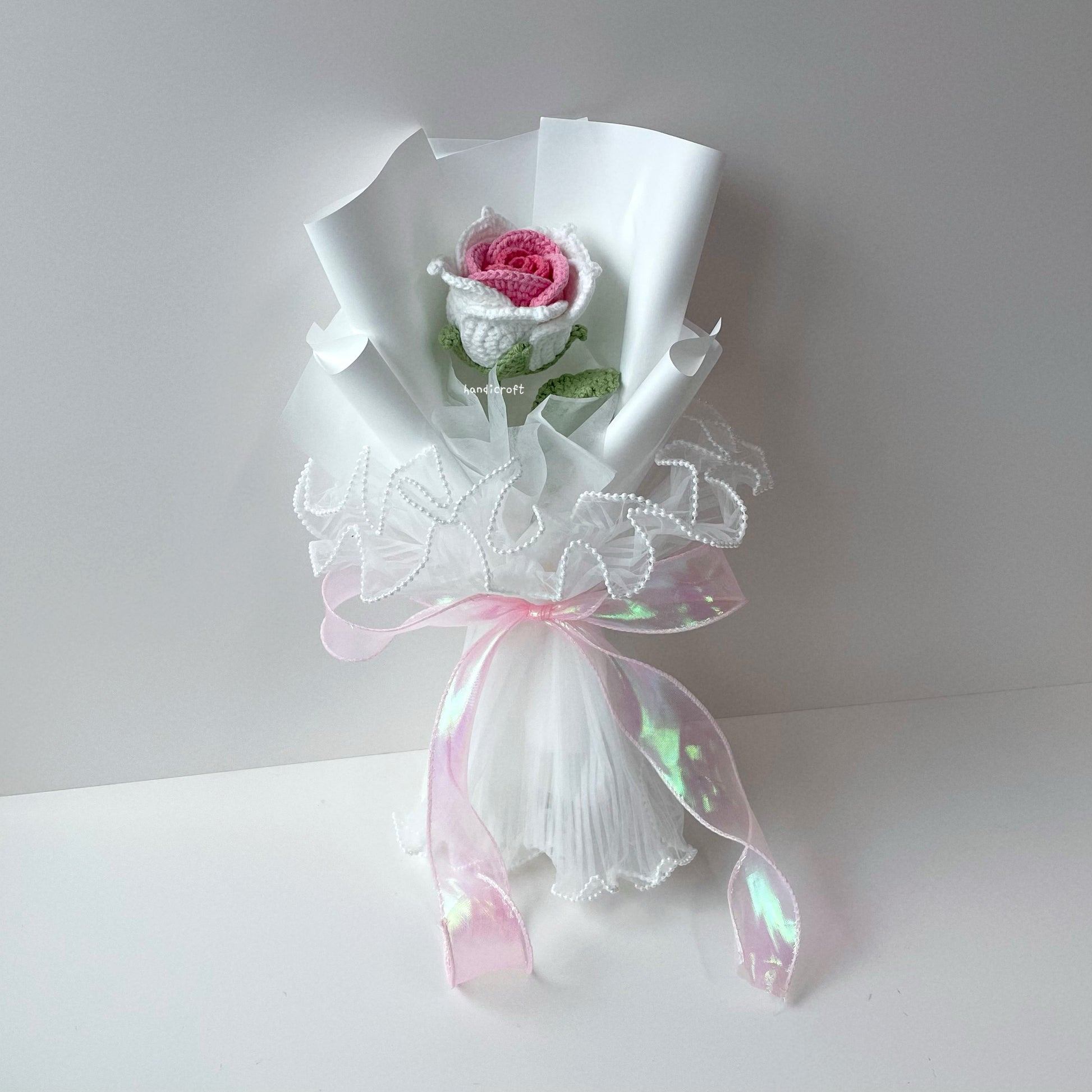 handicroft handmade crochet big thai rose flower bouquet dear bloom white pink