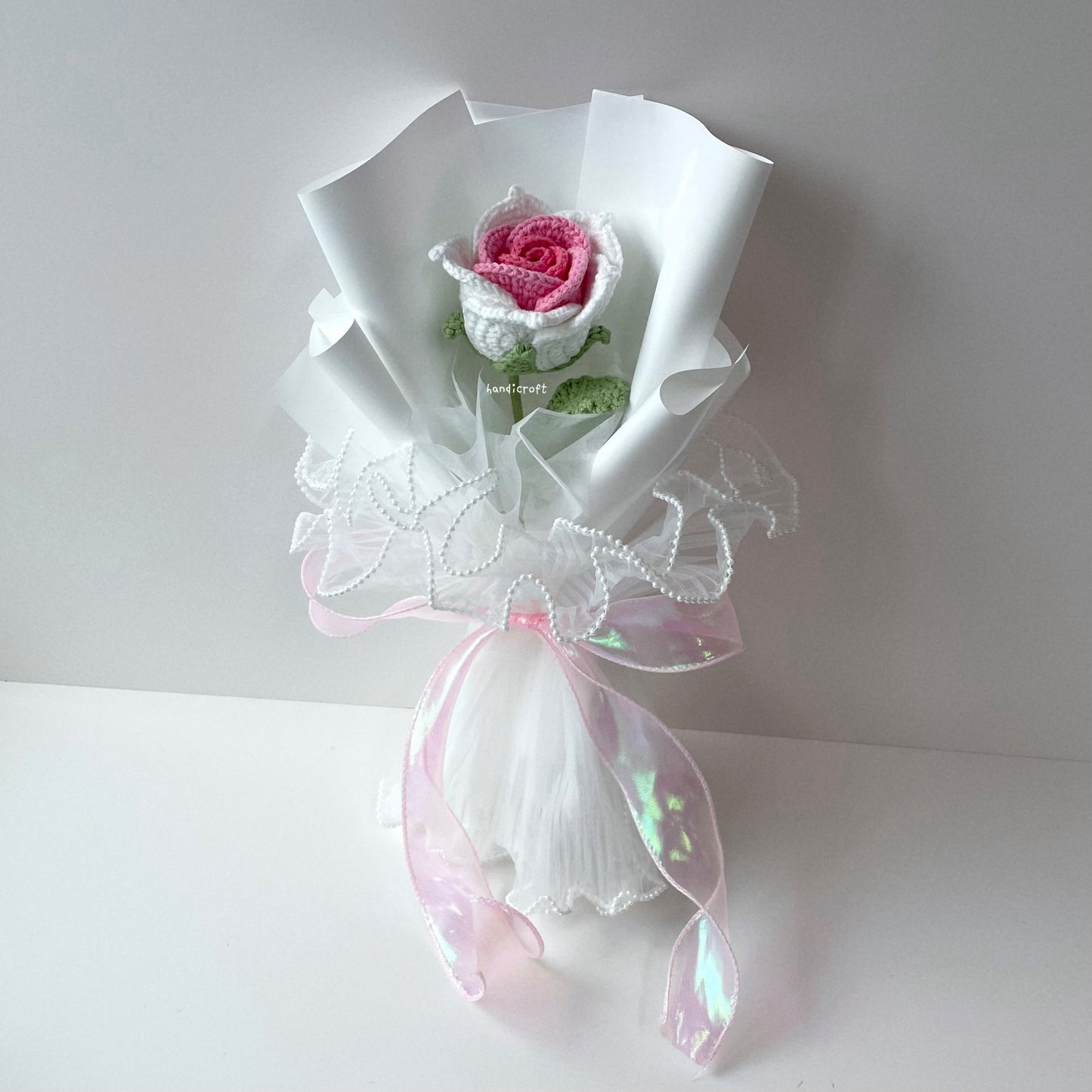 handicroft handmade crochet big thai rose flower bouquet dear bloom white pink