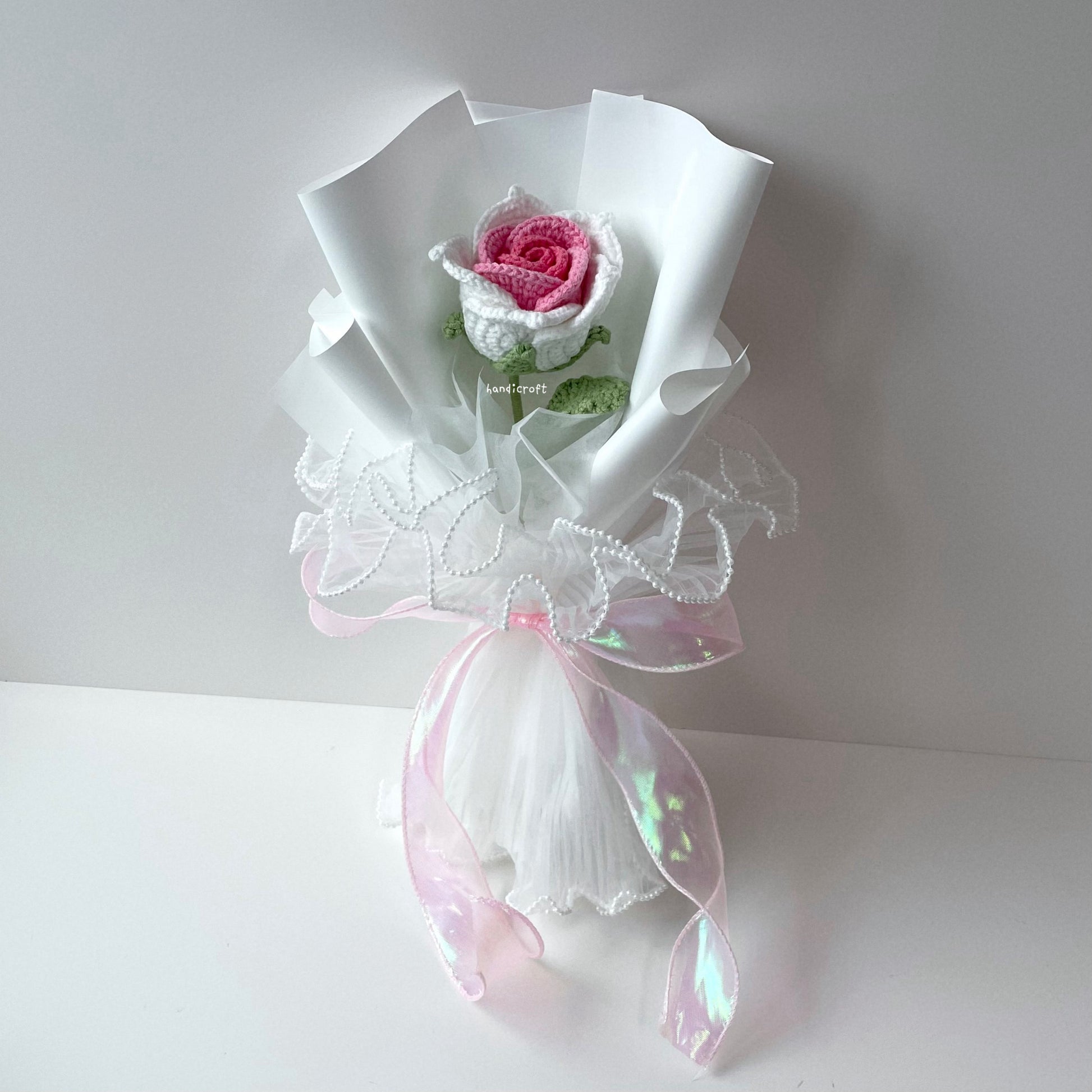 handicroft handmade crochet big thai rose flower bouquet dear bloom white pink