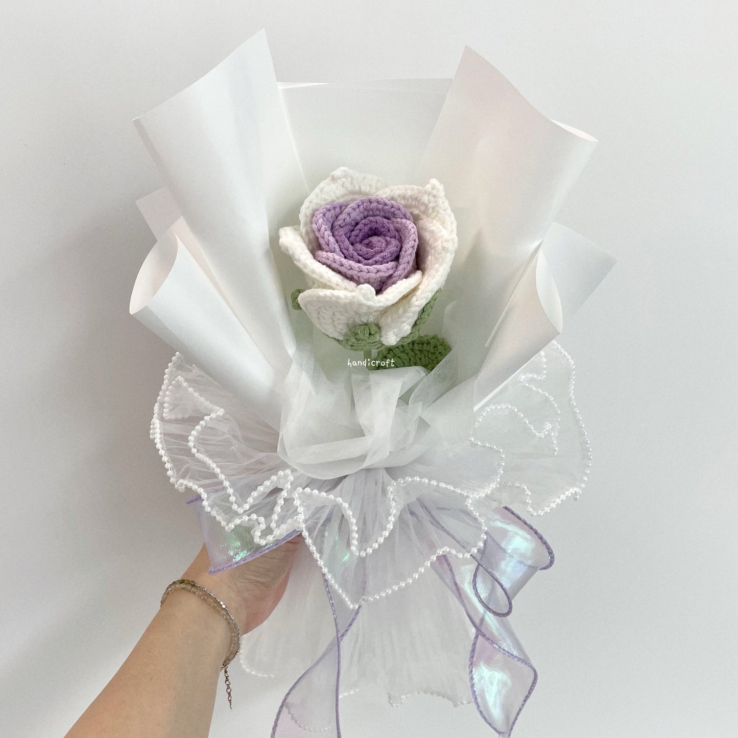 handicroft handmade crochet big thai rose flower bouquet dear bloom white purple