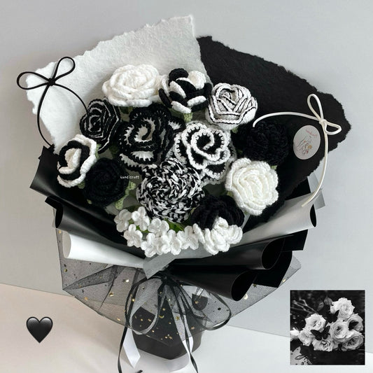 handicroft handmade crochet black & white flower bouquet forever, in black & white