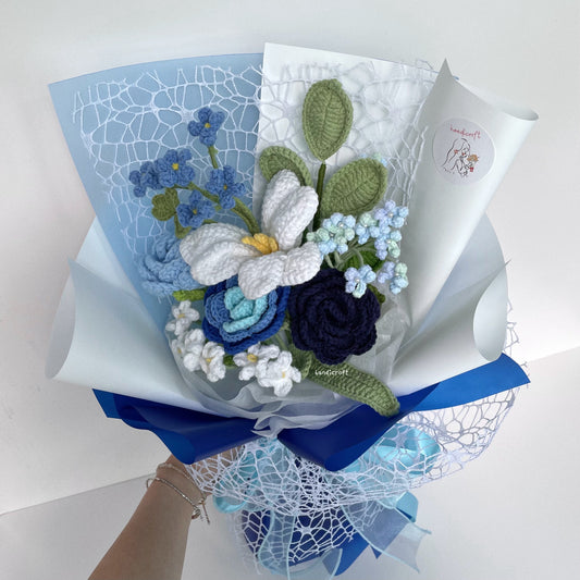 handicroft handmade crochet blue flower bouquet moon over ocean