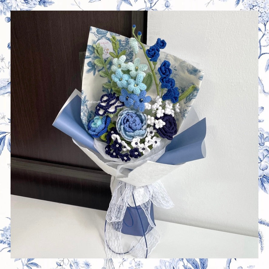 handicroft handmade crochet blue flower bouquet porcelain petals