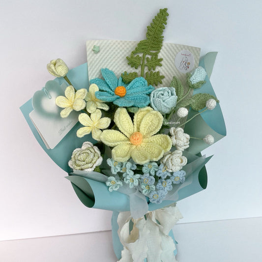 handicroft handmade crochet blue & green flower bouquet wind & bloom