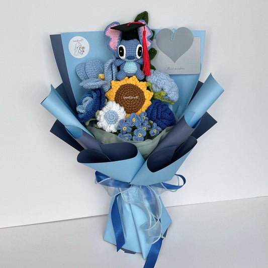 handicroft handmade crochet blue stitch flower bouquet stitch to success graduation edition