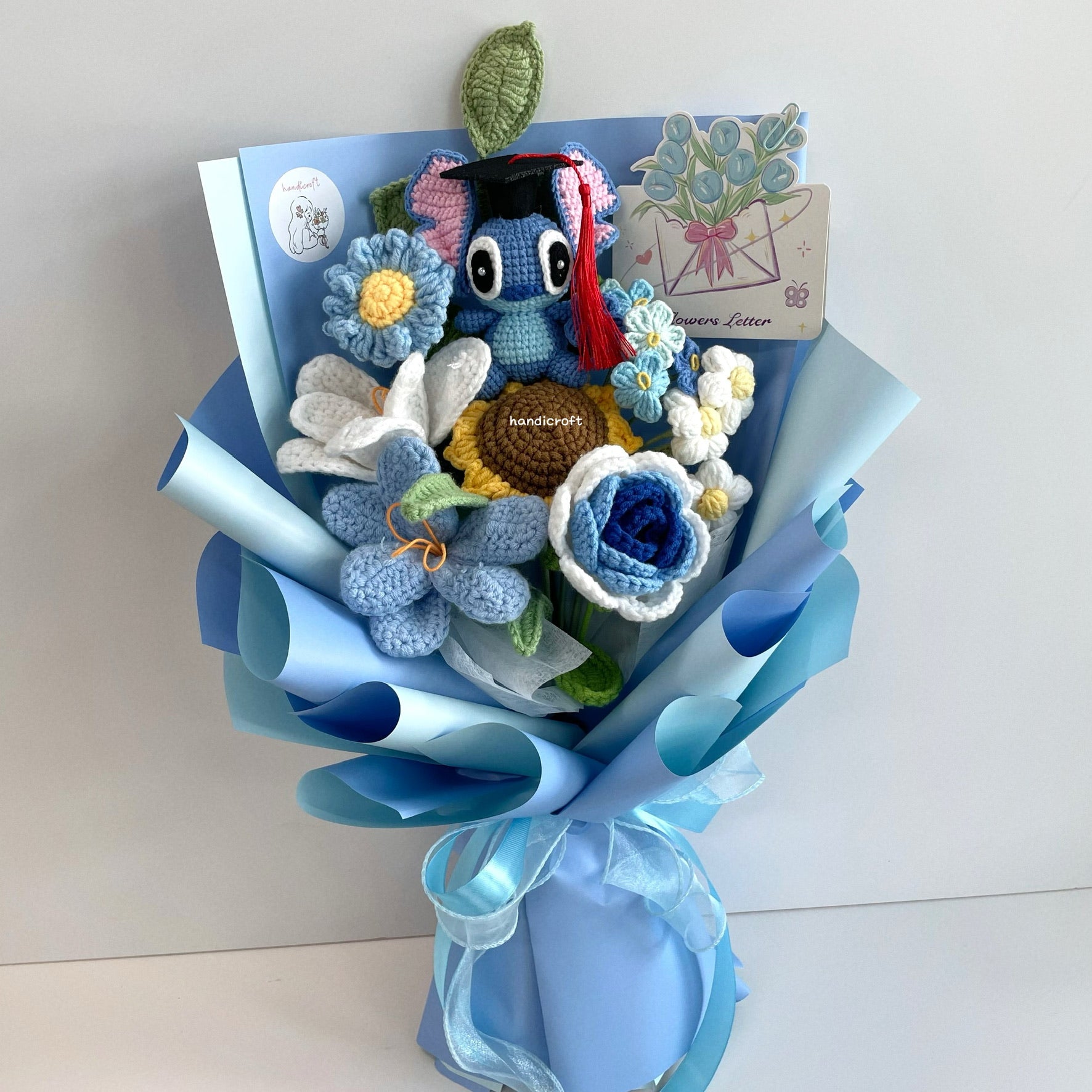 handicroft handmade crochet blue stitch flower bouquet tides of aloha