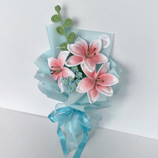 handicroft handmade crochet blush pink lily flower bouquet lily love poem in blue
