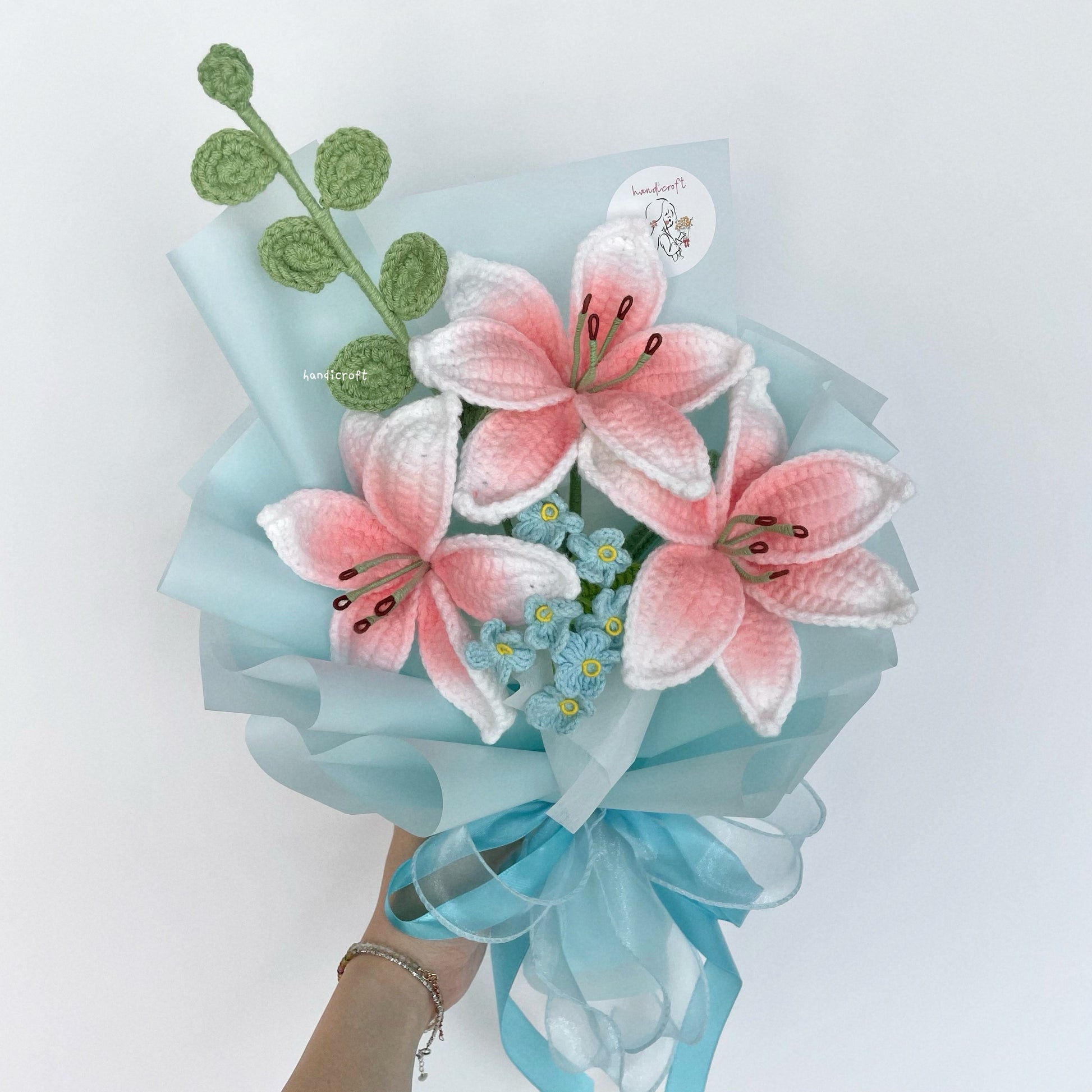 handicroft handmade crochet blush pink lily flower bouquet lily love poem in blue