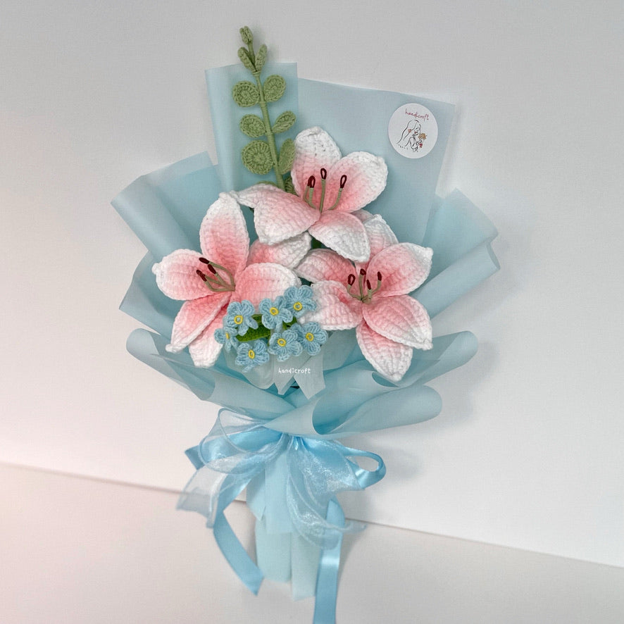 handicroft handmade crochet blush pink lily flower bouquet lily love poem in blue