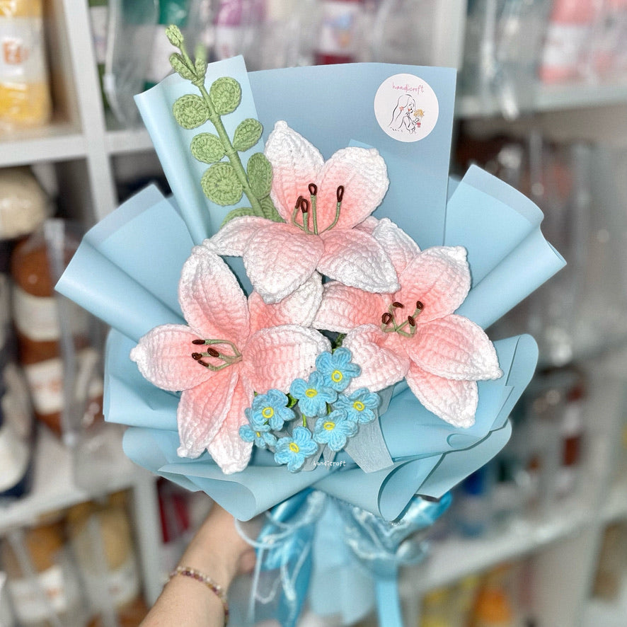 handicroft handmade crochet blush pink lily flower bouquet lily love poem in blue