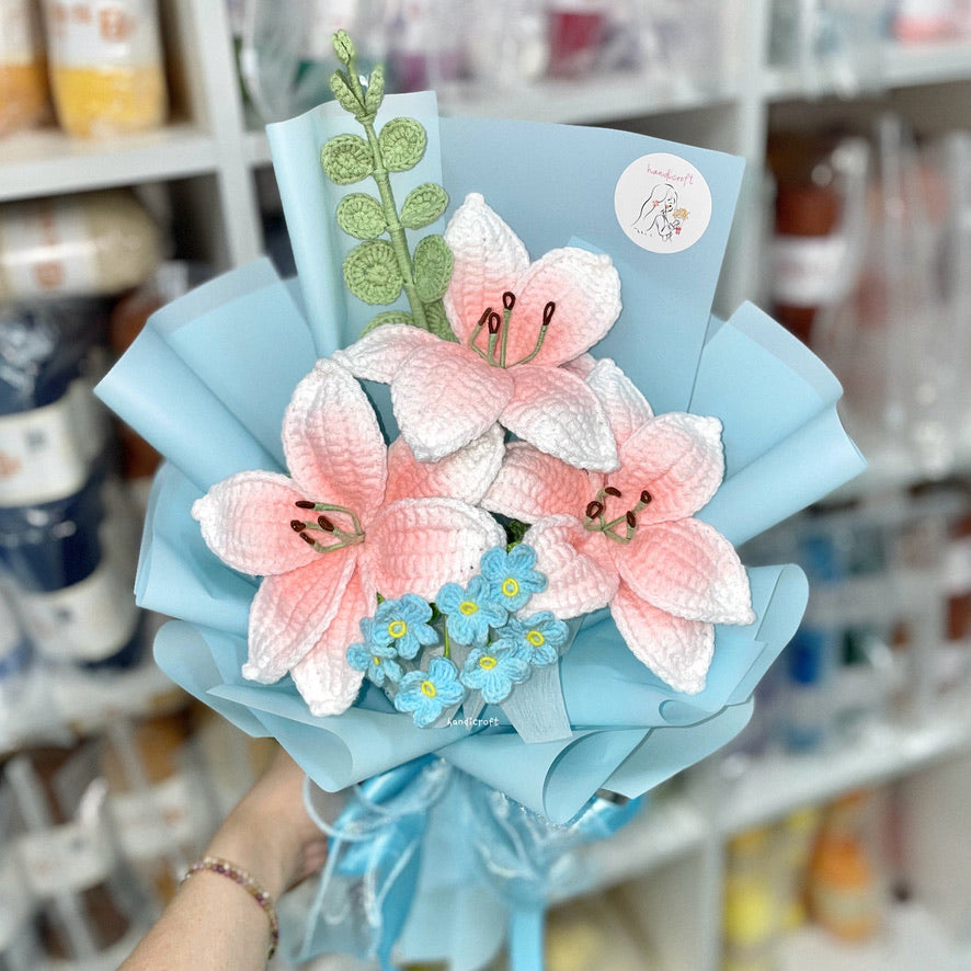 handicroft handmade crochet blush pink lily flower bouquet lily love poem in blue