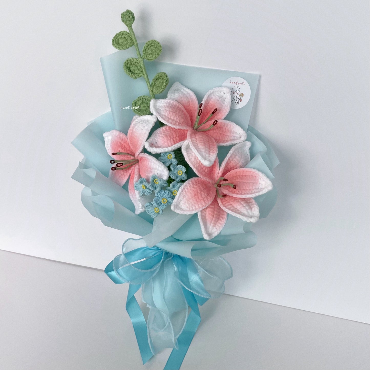 handicroft handmade crochet blush pink lily flower bouquet lily love poem in blue
