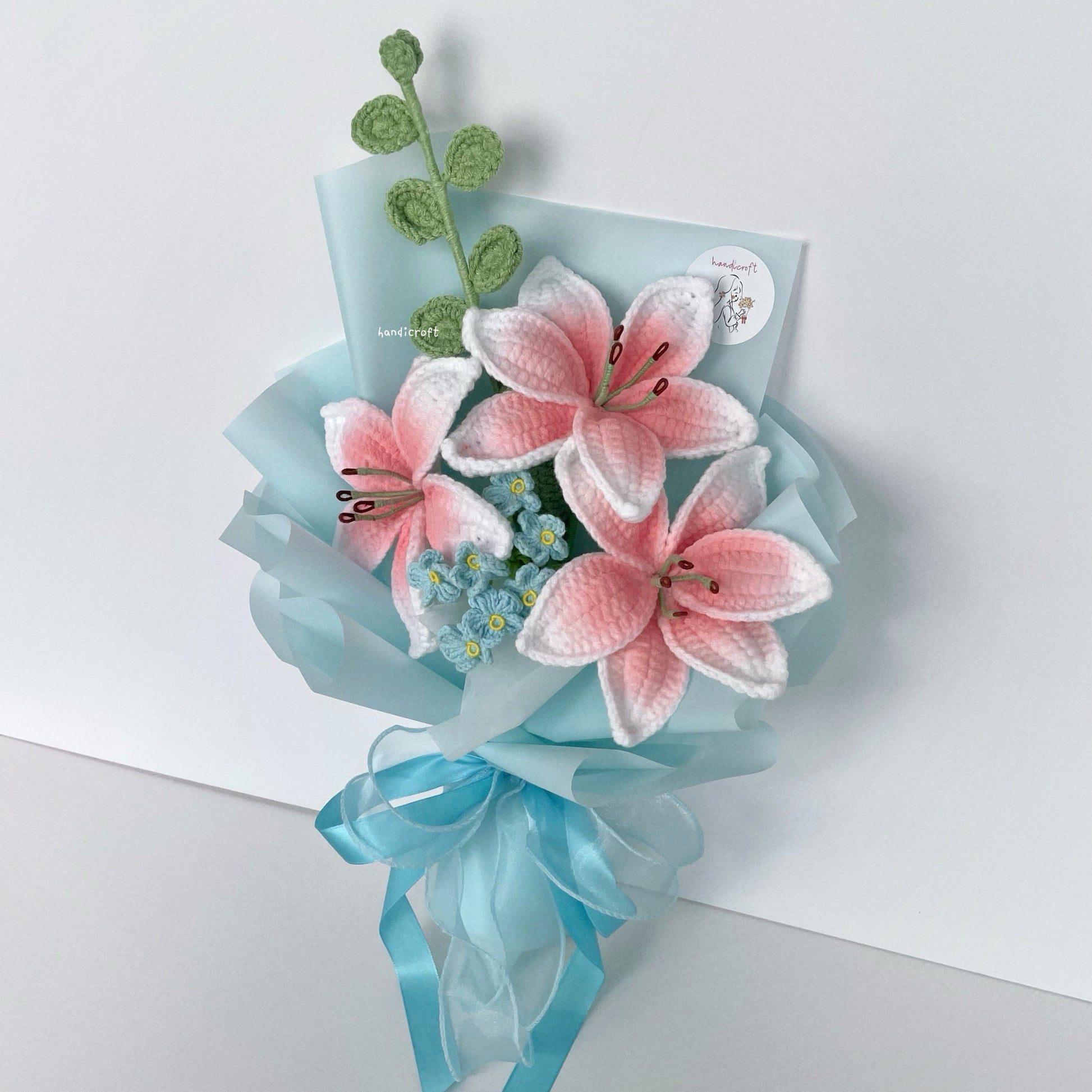handicroft handmade crochet blush pink lily flower bouquet lily love poem in blue