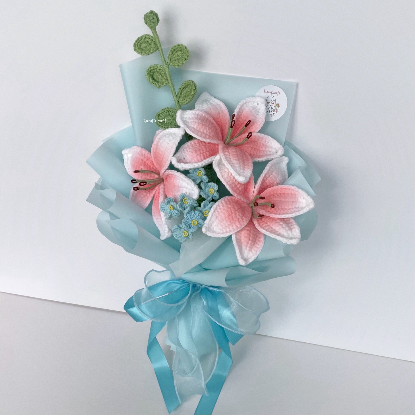 handicroft handmade crochet blush pink lily flower bouquet lily love poem in blue