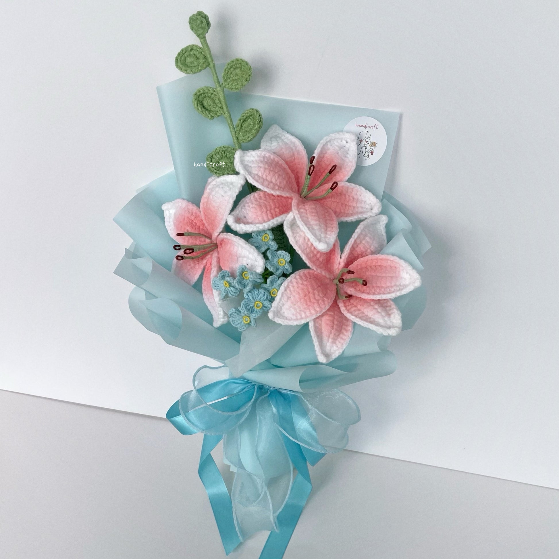 handicroft handmade crochet blush pink lily flower bouquet lily love poem in blue