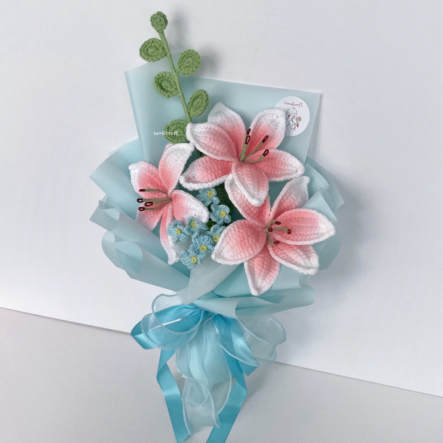 handicroft handmade crochet blush pink lily flower bouquet lily love poem in blue