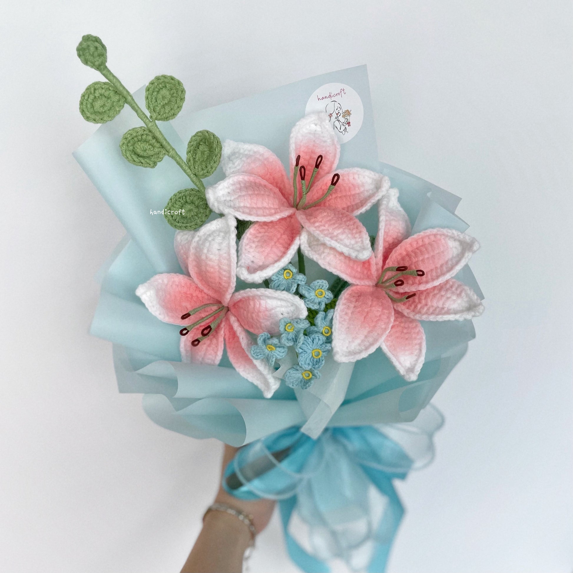 handicroft handmade crochet blush pink lily flower bouquet lily love poem in blue