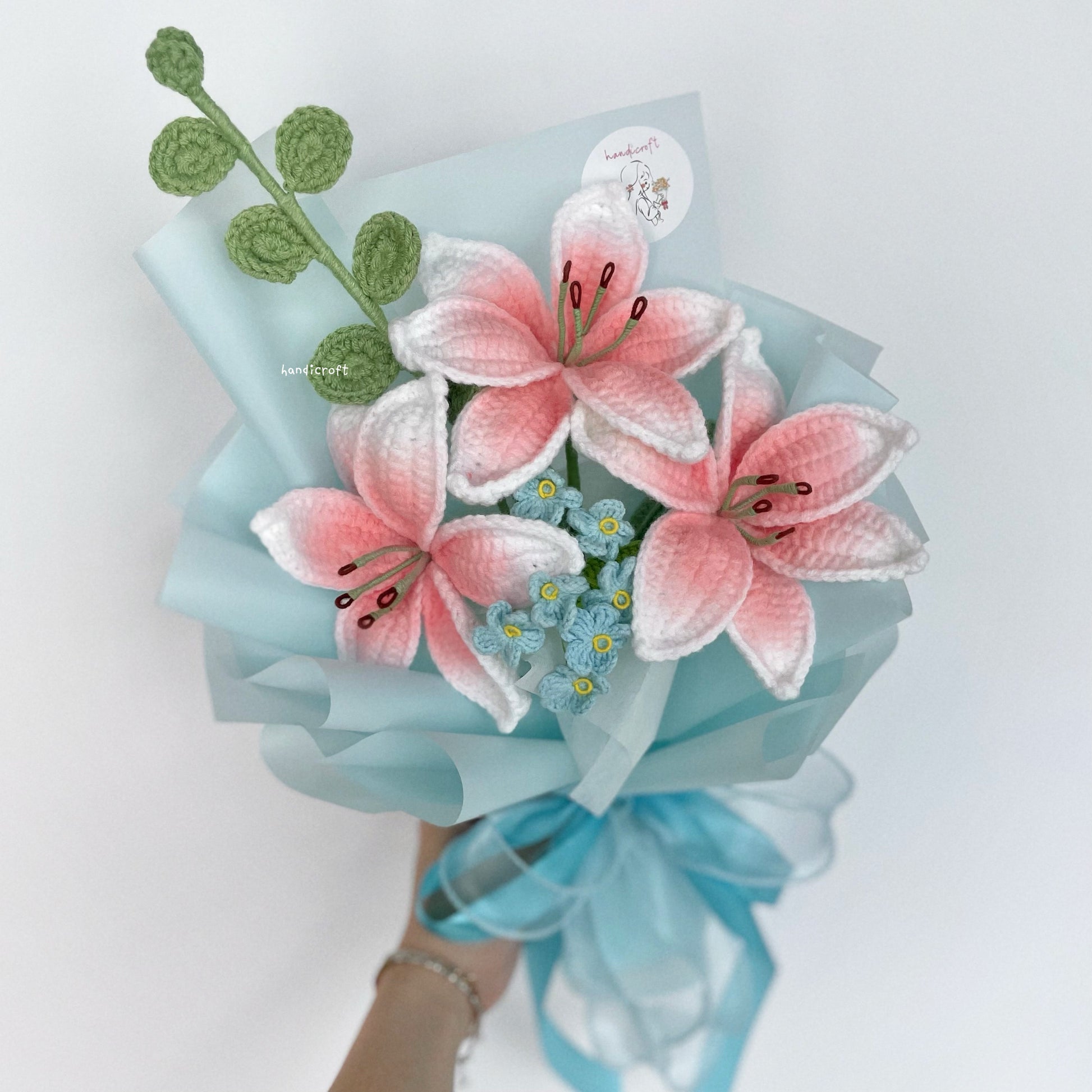 handicroft handmade crochet blush pink lily flower bouquet lily love poem in blue