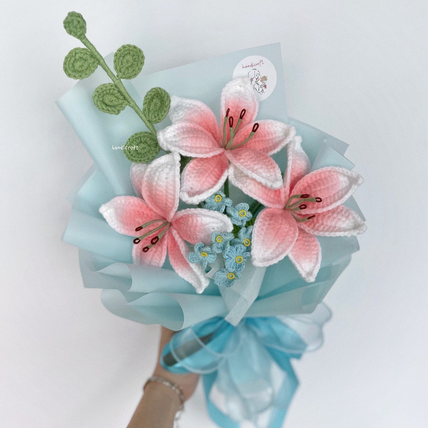 handicroft handmade crochet blush pink lily flower bouquet lily love poem in blue
