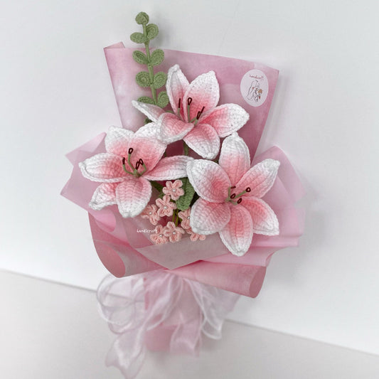 handicroft handmade crochet blush pink lily flower bouquet lily love poem in pink