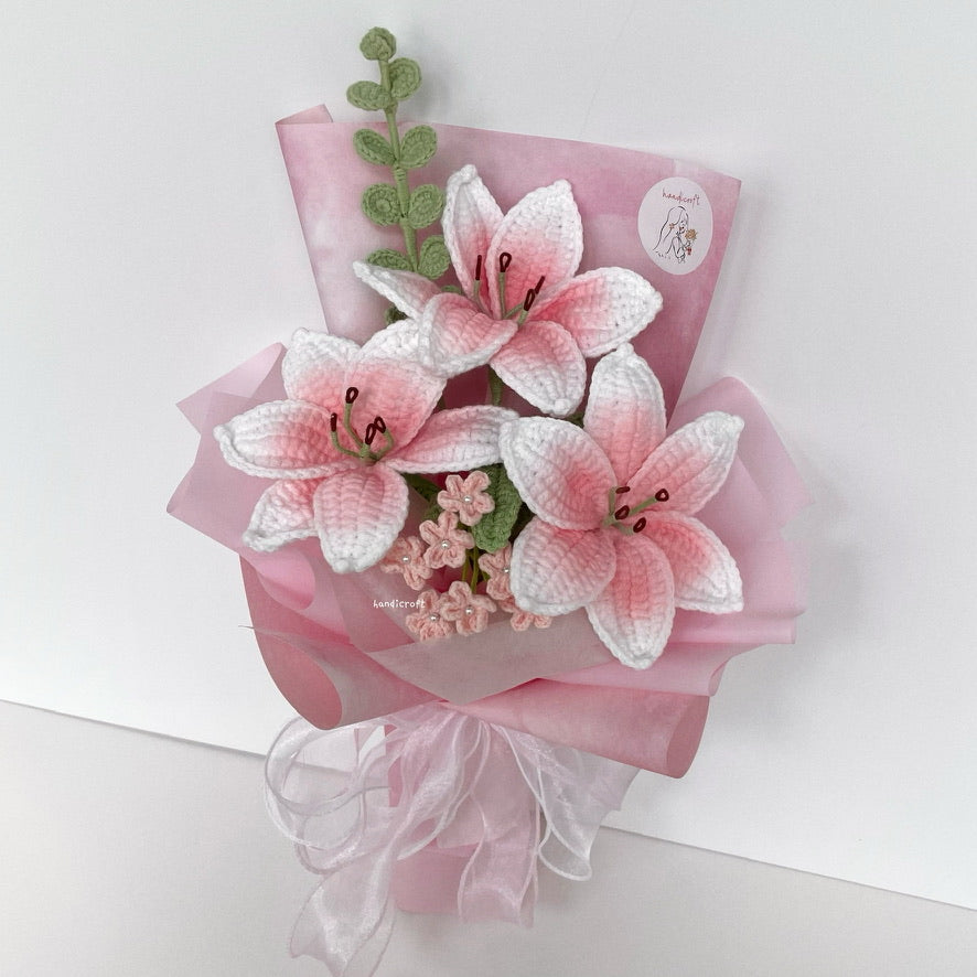 handicroft handmade crochet blush pink lily flower bouquet lily love poem in pink