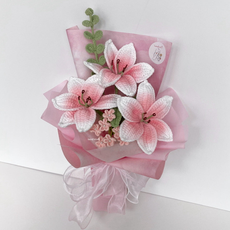 handicroft handmade crochet blush pink lily flower bouquet lily love poem in pink