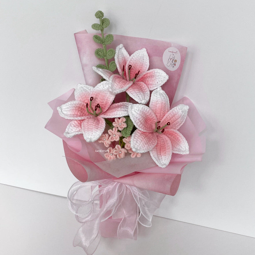 handicroft handmade crochet blush pink lily flower bouquet lily love poem in pink
