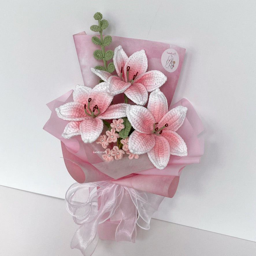handicroft handmade crochet blush pink lily flower bouquet lily love poem in pink