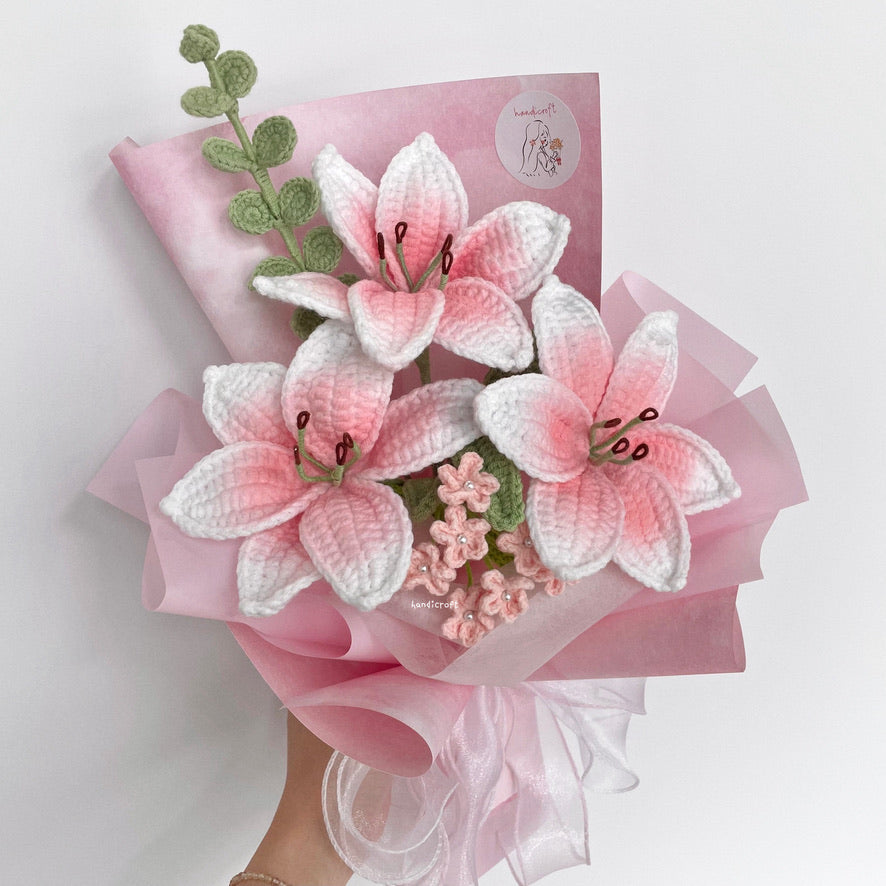 handicroft handmade crochet blush pink lily flower bouquet lily love poem in pink