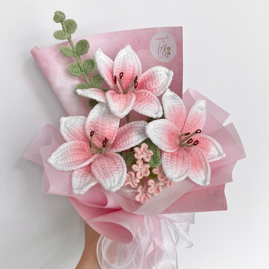 handicroft handmade crochet blush pink lily flower bouquet lily love poem in pink