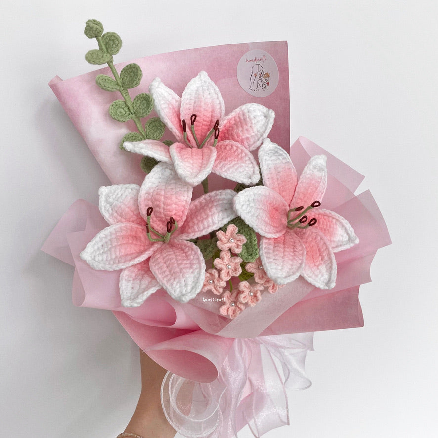 handicroft handmade crochet blush pink lily flower bouquet lily love poem in pink