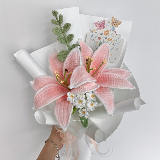 handicroft handmade crochet blushing pink lily flower bouquet lily loveletter