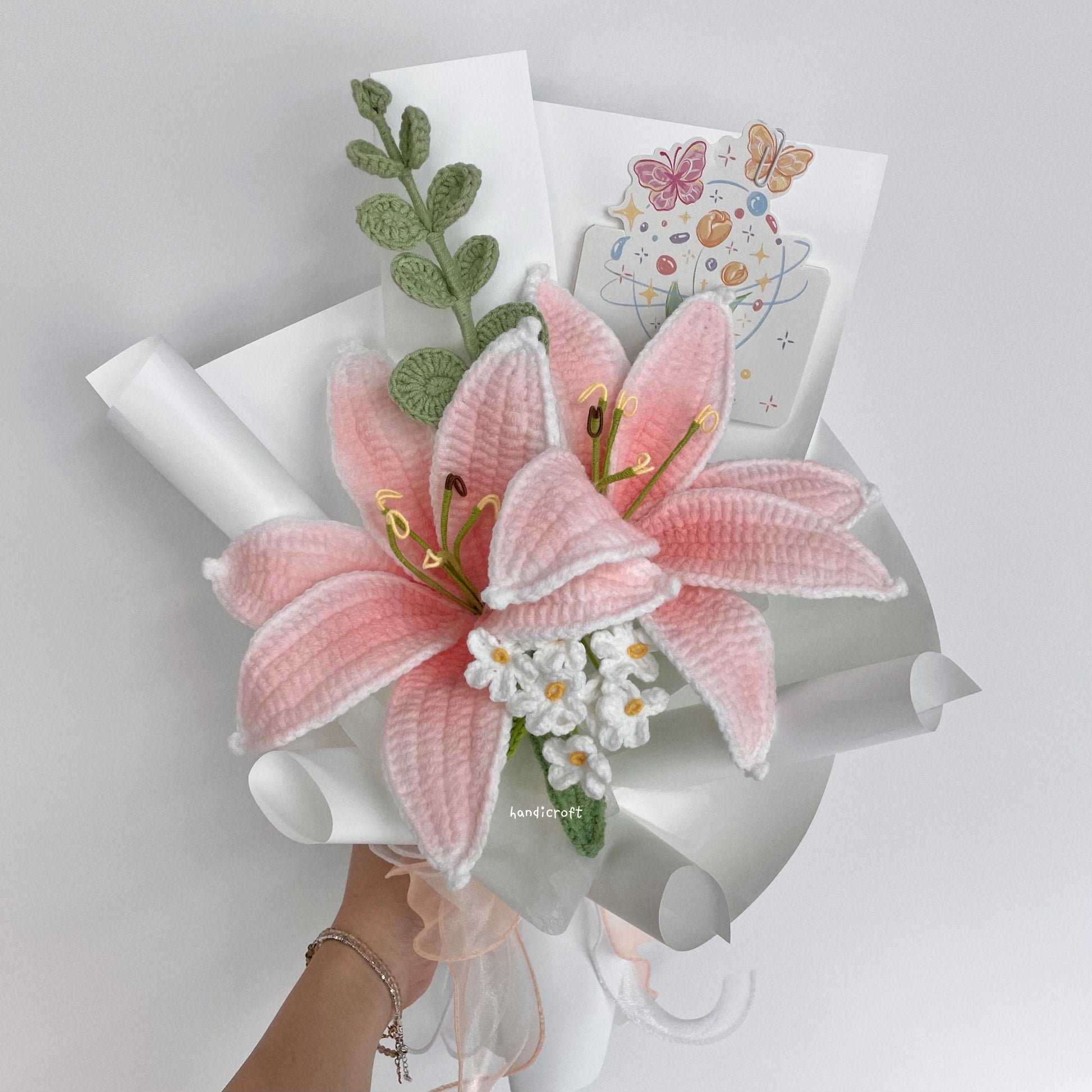 handicroft handmade crochet blushing pink lily flower bouquet lily loveletter