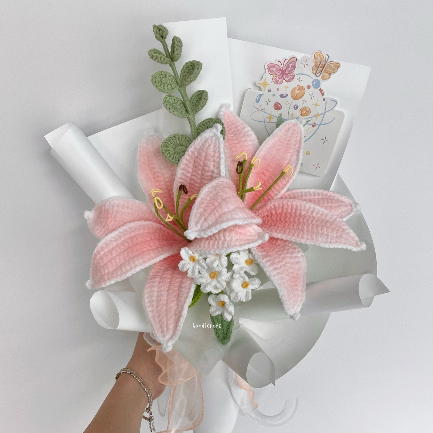 handicroft handmade crochet blushing pink lily flower bouquet lily loveletter