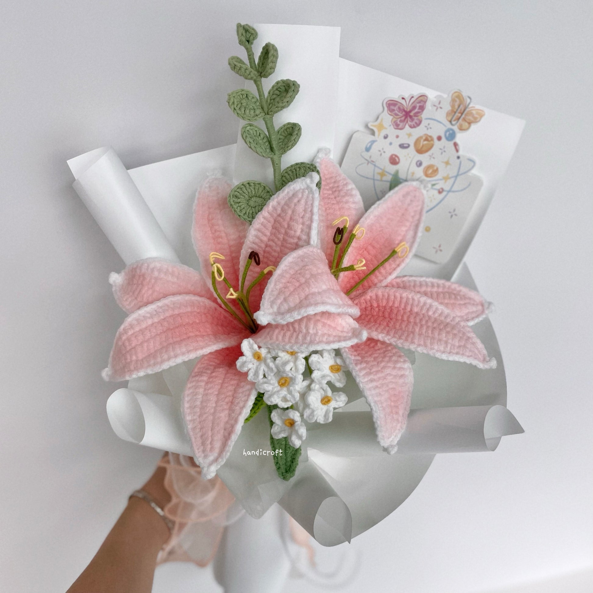 handicroft handmade crochet blushing pink lily flower bouquet lily loveletter