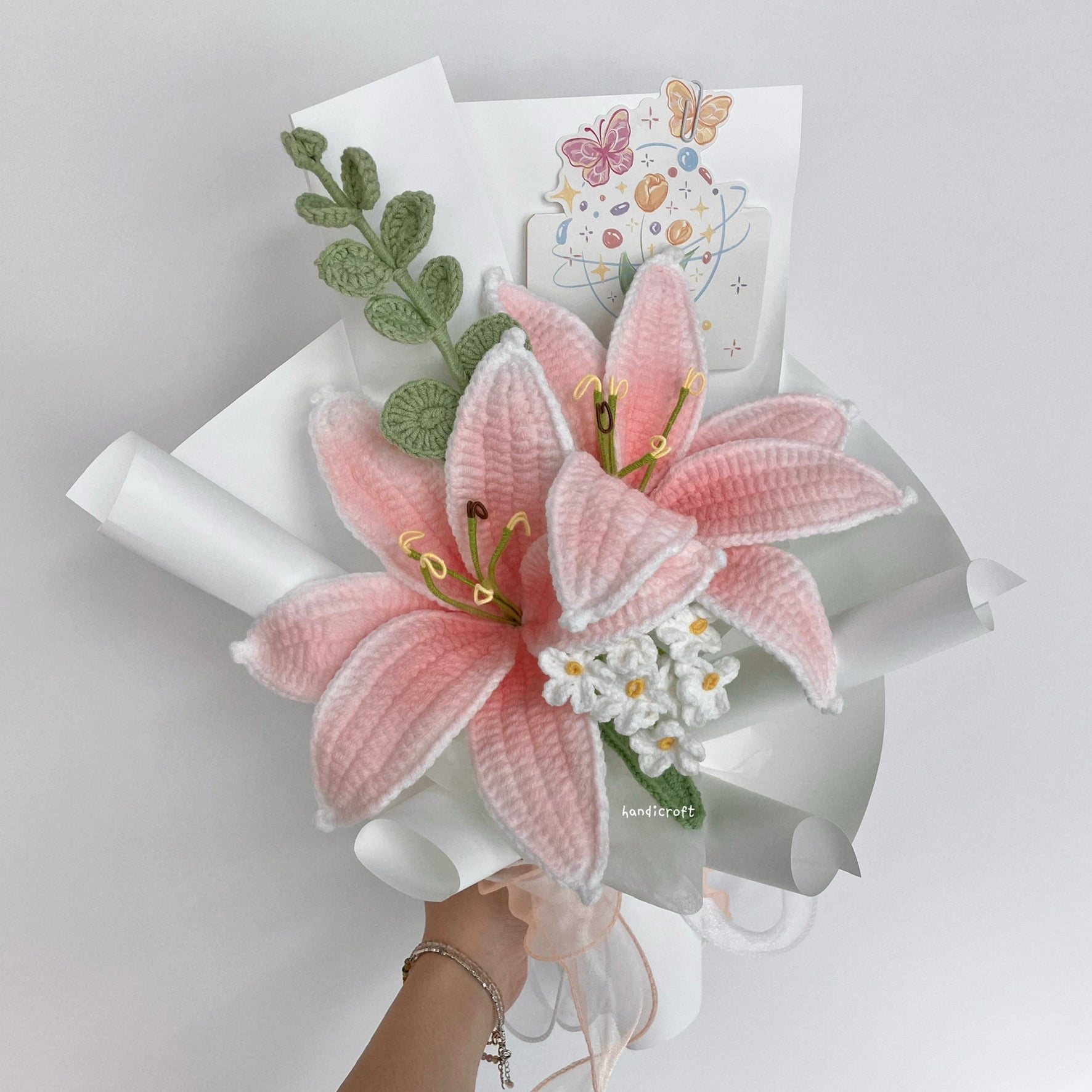 handicroft handmade crochet blushing pink lily flower bouquet lily loveletter