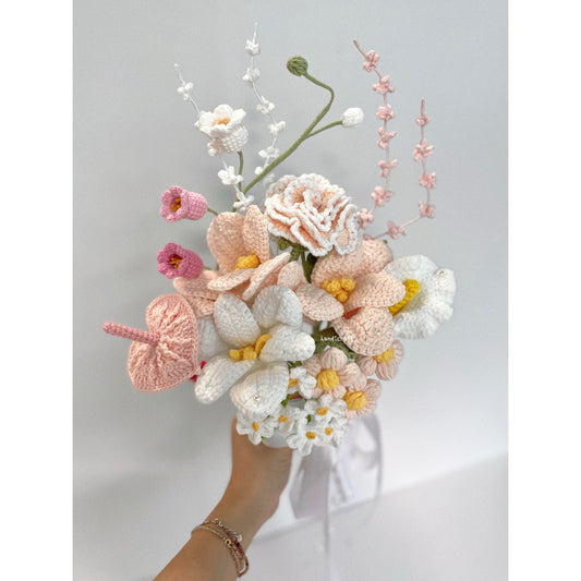 handicroft handmade crochet bridal wedding proposal love baby pink and white everlasting flower bouquet blush & vows