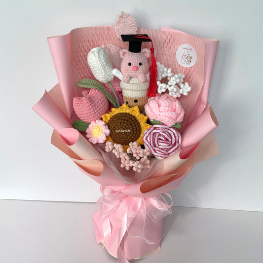 handicroft handmade crochet bubble tea pig flower bouquet piggy's pearls & petals