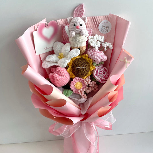 handicroft handmade crochet bubble tea pig flower bouquet piggy's pearls & petals pink