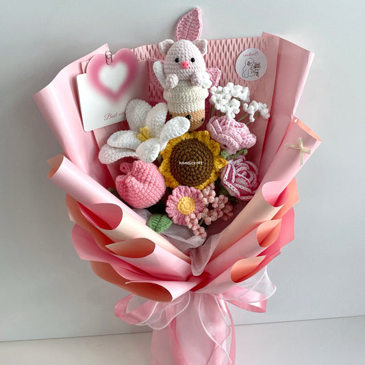handicroft handmade crochet bubble tea pig flower bouquet piggy's pearls & petals pink